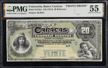 VENEZUELA. Lot of (2). Banco Caracas. 20 Bolivares, ND (1914). P-S147p1 & S147p2. Front & Back Proofs. PMG About Uncirculated 55 & 55 EPQ.
Printed by...