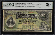 VENEZUELA. Banco Caracas. 20 Bolivares, 1925. P-S153. Rosenman 138. PMG Very Fine 30.
Printed by HLBNC. Dated January 30, 1925. Overprint on Venezuel...