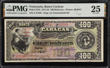 VENEZUELA. El Banco Caracas. 100 Bolívares, 1911. P-S155. Rosenman 135. PMG Very Fine 25.
Printed by Homer Lee Bank Note Company, New York. First dat...