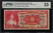 VENEZUELA. Banco Comercial de Maracaibo. 100 Bolivares, 1929. P-S179. Rosenman 147. PMG Very Fine 25.
Printed by ABNC. Dated March 1, 1929. Plate not...