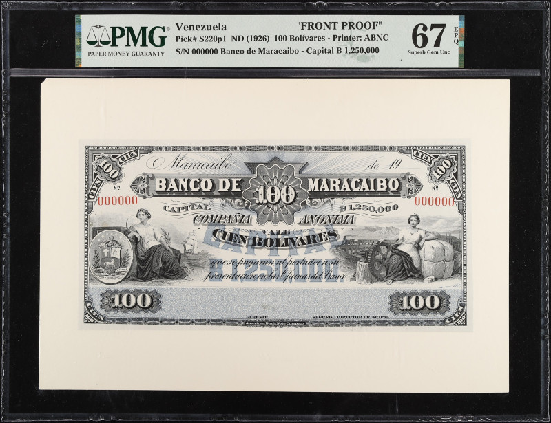 VENEZUELA. Banco de Maracaibo. 100 Bolivares, ND (1926). P-S220p1. Front Proof. ...