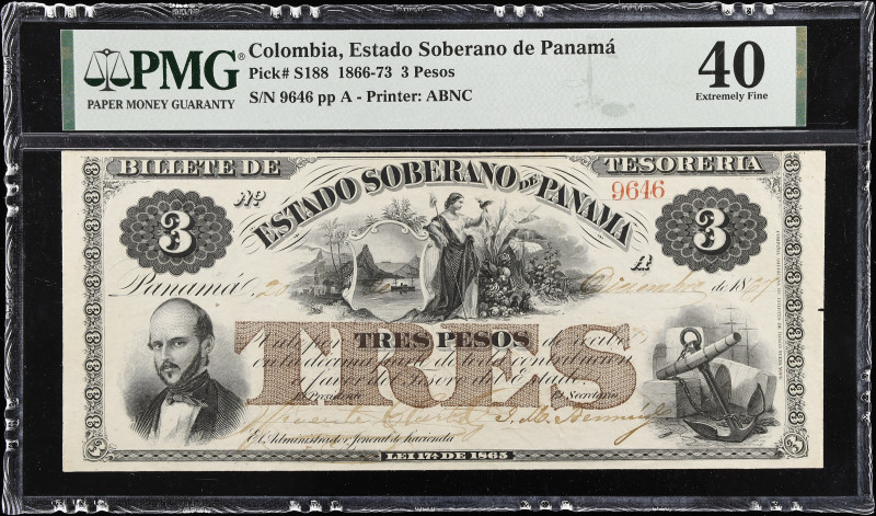 COLOMBIA. Estado Soberano de Panama. 3 Pesos, 1867. P-S188. PMG Extremely Fine 4...