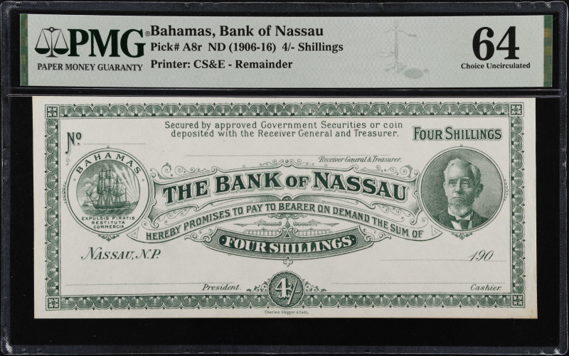 BAHAMAS. Bank of Nassau. 4 Shillings, ND (1906-16). P-A8r. Remainder. PMG Choice...