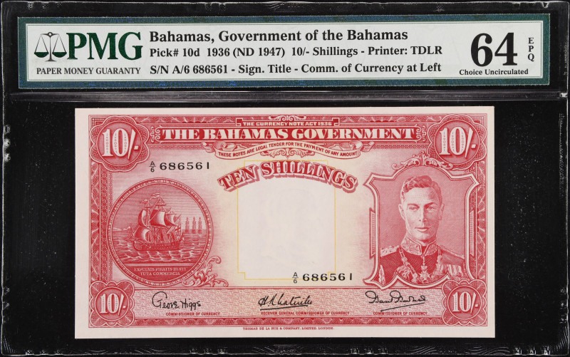 BAHAMAS. The Bahamas Government. 10 Shillings, 1936 (ND 1947). P-10d. PMG Choice...