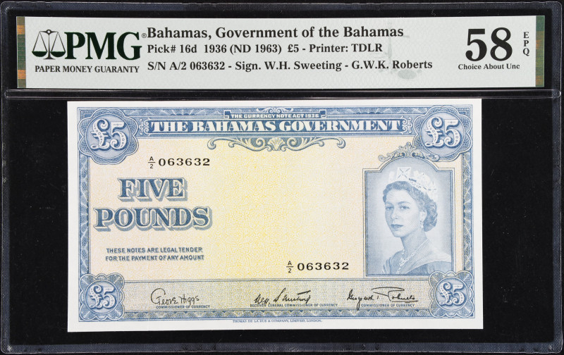 BAHAMAS. Government of the Bahamas. 5 Pounds, 1936 ND (1953). P-16d. PMG Choice ...