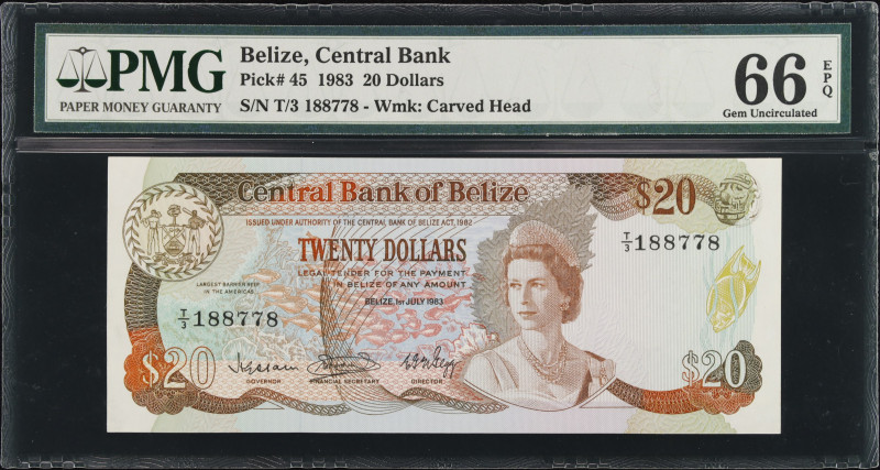 BELIZE. Central Bank of Belize. 20 Dollars, 1983. P-45. PMG Gem Uncirculated 66 ...