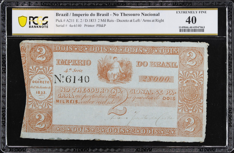 BRAZIL. Thesouro Nacional. 2 Mil Reis, 1833. P-A211. PCGS Banknote Extremely Fin...