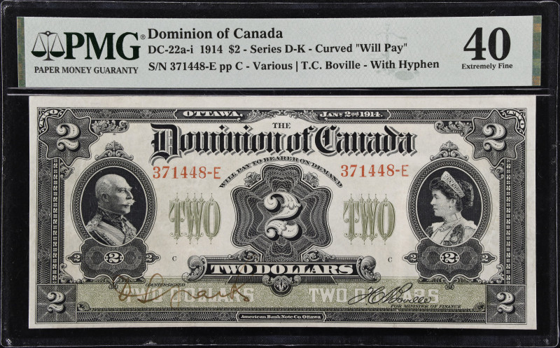 CANADA. Dominion of Canada. 2 Dollars, 1914. DC-22a-i. PMG Extremely Fine 40.
A...