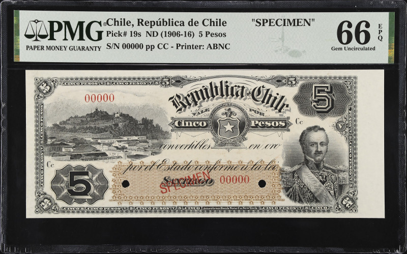 CHILE. Republica de Chile. 5 Pesos, ND (1906-16). P-19s. Specimen. PMG Gem Uncir...