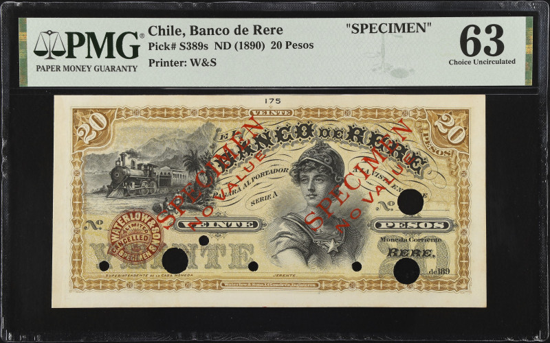 CHILE. El Banco de Rere. 20 Pesos, ND (1890). P-S389s. Specimen. PMG Choice Unci...