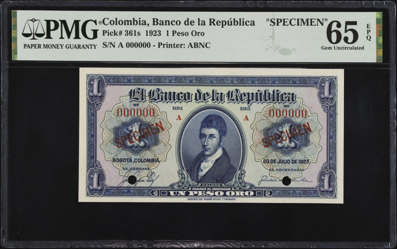 COLOMBIA. El Banco de la Republica. 1 Peso Oro, 1923. P-361s. Specimen. PMG Gem ...