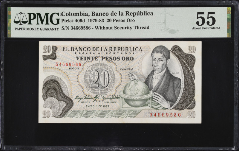 COLOMBIA. El Banco de la Republica. 20 Pesos Oro, 1983. P-409d. PMG About Uncirc...