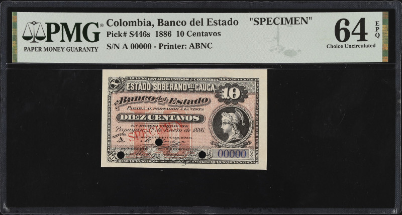 COLOMBIA. El Banco del Estado. 10 Centavos, 1886. P-S446s. Specimen. PMG Choice ...