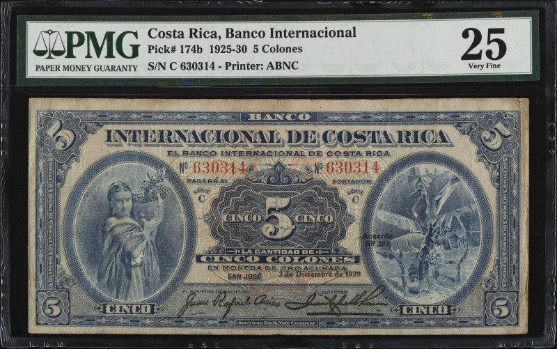 COSTA RICA. Banco Internacional. 5 Colones, 1929. P-174b. PMG Very Fine 25.
Pri...