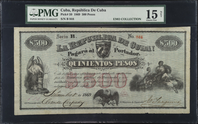 CUBA. La Republica de Cuba. 500 Pesos, 1869. P-59. PMG Choice Fine 15 Net. Split...