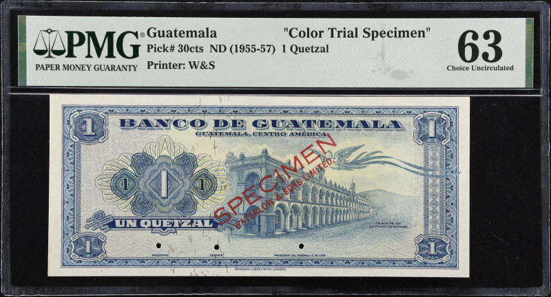 GUATEMALA. Banco De Guatemala. 1 Quetzal, ND (1955-57). P-30cts. Color Trial Spe...