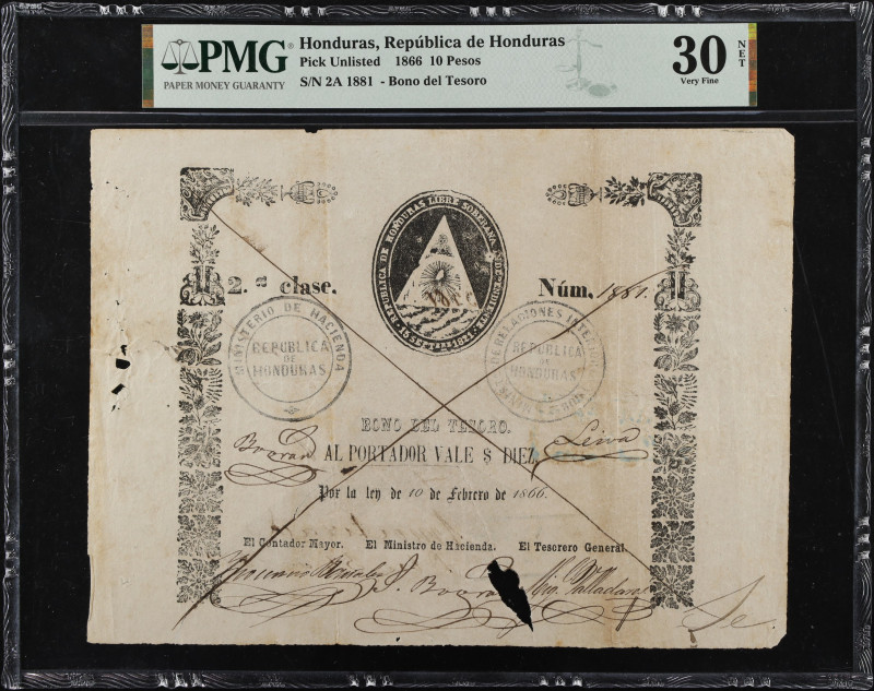 HONDURAS. Republica de Honduras. 10 Pesos, 1866. P-Unlisted. PMG Very Fine 30 Ne...