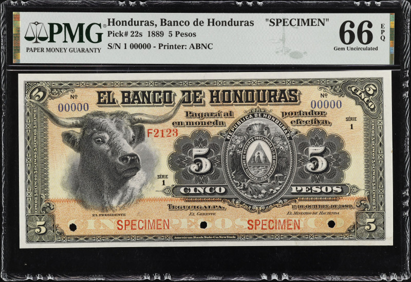 HONDURAS. El Banco de Honduras. 5 Pesos, 1889. P-22s. Specimen. PMG Gem Uncircul...