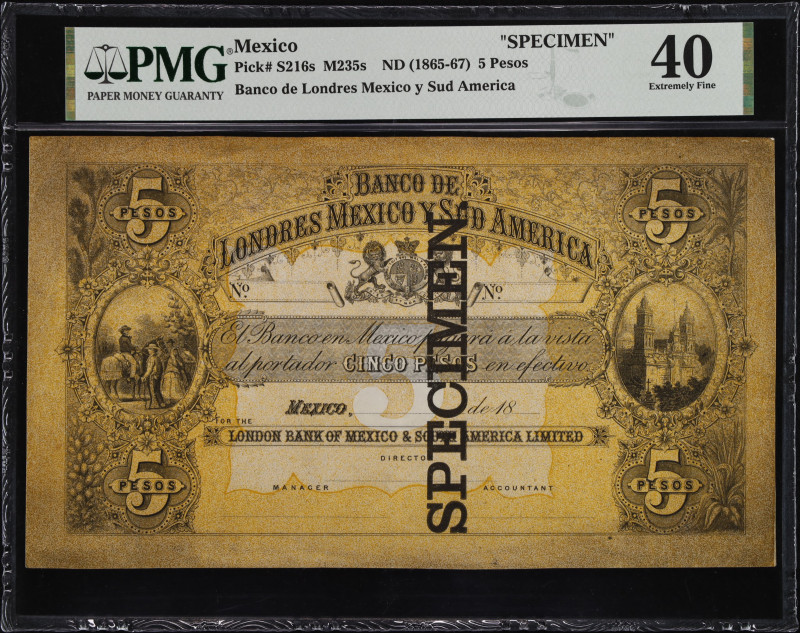 MEXICO. Banco de Londres Mexico y Sud America. 5 Pesos, ND (1865-67). P-S216s. S...