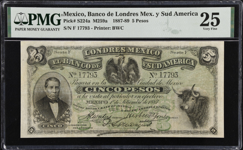 MEXICO. Banco de Londres Mexico y Sud America. 5 Pesos, 1887. P-S224a. M259a. PM...