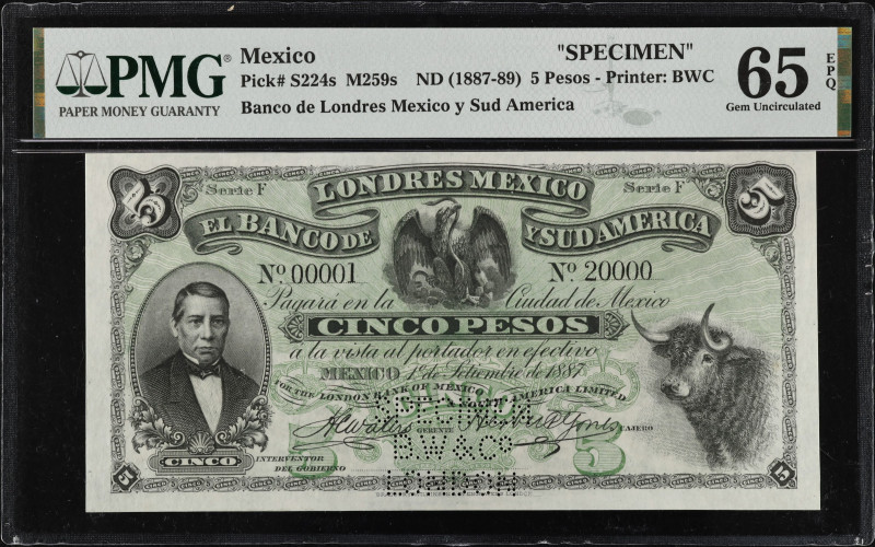 MEXICO. Banco de Londres Mexico y Sud America. 5 Pesos, ND (1887-89). P-S224s ; ...