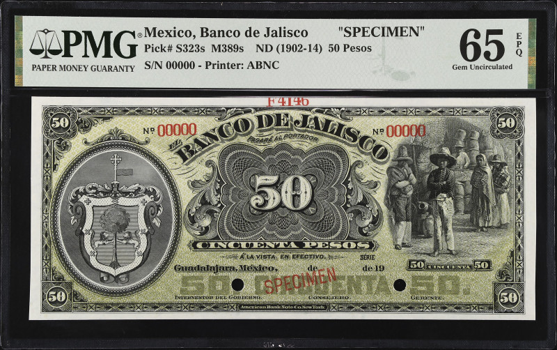 MEXICO. El Banco de Jalisco. 50 Pesos, ND (1902-14). P-S323s ; M389s Specimen. P...