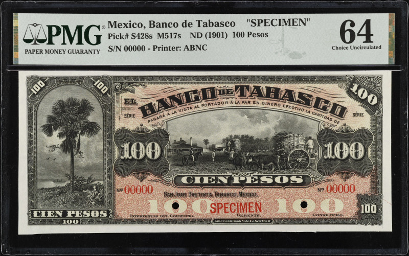 MEXICO. El Banco de Tabasco. 100 Pesos, ND (1901). P-S428s ; M517s Specimen. PMG...