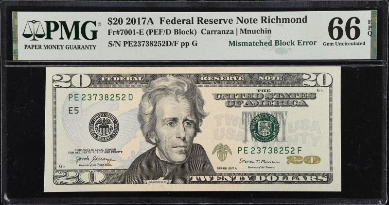 UNITED STATES. Federal Reserve Note. Richmond. 20 Dollars, 2017. Fr 7001-E. Mism...