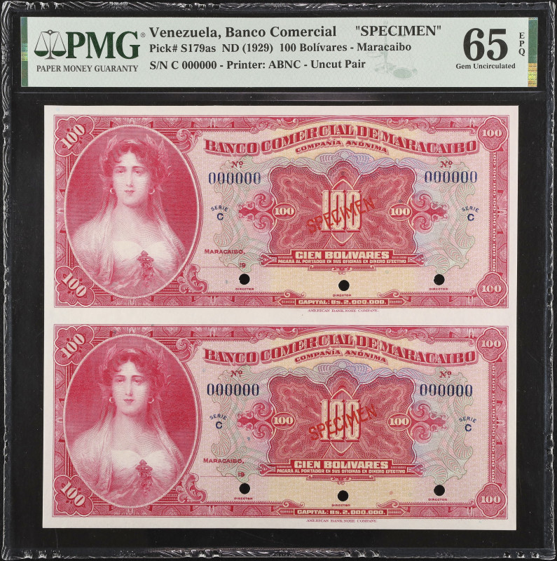 VENEZUELA. Banco Comercial. 100 Bolivares, ND (1929). P-S179as. Uncut Pair. Spec...