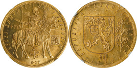 CZECHOSLOVAKIA. 10 Ducats, 1934. Kremnica Mint. NGC MS-64.
Fr-4; KM-14; Novotny-19 (R). Mintage: 1,298. An incredible example that delivers sharp det...