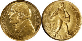 CZECHOSLOVAKIA. Gold Medallic Ducat, 1933. Kremnica Mint. ANACS MS-61.
Fr-12; KMX-15; Novotny-V.A. Mintage: 500. Variety without cross above date. Ob...