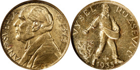 CZECHOSLOVAKIA. Gold Medallic Ducat, 1933. Kremnica Mint. NGC AU-58.
Fr-12A; KMX-16; Novotny-V.B. Mintage: 500. Variety with cross above date. Obvers...