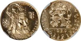 CZECHOSLOVAKIA. Gold Medallic Ducat, 1979. Kremnica Mint. NGC MS-66.
Fr-22; KMX-28; Novotny-138. Mintage: 7,707. Commemorating the 600th anniversary ...