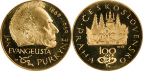 CZECHOSLOVAKIA. Gold Medallic 100 Korun, 1969. Kremnica Mint. NGC PROOF-66 Cameo.
Fr-Unlisted; KMX-Unlisted; Novotny-Unlisted. A tremendous example t...