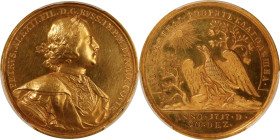 RUSSIA. Peter I/Establishment of the Colleges Gold Medal, "1717" (ca. early 19th Century). PCGS SPECIMEN-61.
Dia-53.7. After T. Ivanov. Obverse: Garl...