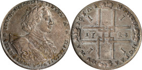 RUSSIA. Ruble, 1723-OK. Moscow (Red) Mint. Peter I (the Great). PCGS EF-45.
Dav-1658; KM-162.3; Bit-873. Variety with rosette above head and small St...
