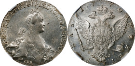 RUSSIA. Ruble, 1770-CNB RY. St. Petersburg Mint. Catherine II (the Great). NGC Unc Details--Harshly Cleaned.
Dav-1684; KM-C-67A.2; Bit-209. Despite t...