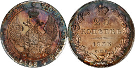 RUSSIA. 25 Kopeks, 1833-CNB HT. St. Petersburg Mint. Nicholas I. PCGS PROOF-64+.
KM-C-166.1; Bit-273. A VERY RARE offering in proof, this enchanting ...