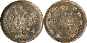 RUSSIA. 10 Kopeks, 1880-CNB HO. St. Petersburg Mint. Alexander II. PCGS PROOF-66.
KM-Y-20A.2; Bit-266. A fairly RARE issue in proof that is tied with...