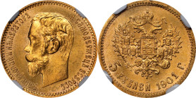 RUSSIA. 5 Rubles, 1901-AP. St. Petersburg Mint. Nicholas II. NGC MS-67.
Fr-180; KM-Y-62; Bit-28. Tied with just two others for the top spot in the NC...