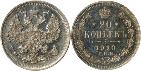 RUSSIA. 20 Kopeks, 1910-CNB EB. St. Petersburg Mint. Nicholas II. PCGS PROOF-65 Cameo.
KM-Y-20A.2; Bit-110. An EXCEPTIONALLY RARE and highly impressi...