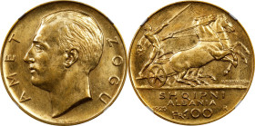 ALBANIA. 100 Franga Ari, 1926-R. Rome Mint. Ahmet Zogu (as President). NGC MS-62.
Fr-1; KM-11.1. No stars beneath bust variety. An always demanded ty...