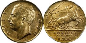 ALBANIA. 100 Franga Ari, 1926-R. Rome Mint. Ahmet Zogu (as President). NGC AU-58.
Fr-1; KM-11.2. Single star beneath bust variety. A most elusive pie...