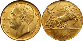 ALBANIA. 100 Franga Ari, 1927-R. Rome Mint. Ahmet Zogu (as President). NGC MS-62.
Fr-1; KM-11A.1. Two stars beneath bust variety. A very pleasing nea...