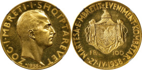 ALBANIA. 100 Franga Ari, 1938-R. Rome Mint. Zog I. NGC MS-64.
Fr-13; KM-23. Mintage: 500. One of the most desired issues in the entire pre-War Albani...