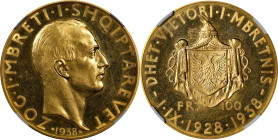 ALBANIA. 100 Franga Ari, 1938-R. Rome Mint. Zog I. NGC MS-63.
Fr-15; KM-26. Mintage: 500. Commemorating the 10th Anniversary of the Reign of Zog I. T...