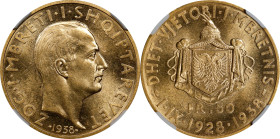 ALBANIA. 50 Franga Ari, 1938-R. Rome Mint. Zog I. NGC MS-62.
Fr-16; KM-25. Mintage: 600. A RARE type commemorating the 10th Anniversary of the reign ...
