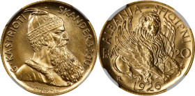 ALBANIA. 20 Franga Ari, 1926-R. Rome Mint. Ahmet Zogu (as President). NGC MS-67.
Fr-6; KM-12. Tied with one other example for the finest certified ex...