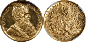 ALBANIA. 20 Franga Ari, 1926-R. Rome Mint. Ahmet Zogu (as President). NGC MS-63.
Fr-5; KM-12. Variety with Fasces to the left of the mintmark. Mintag...