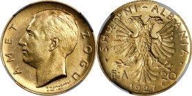 ALBANIA. 20 Franga Ari, 1927-R. Rome Mint. Ahmet Zogu (as President). NGC MS-64.
Fr-2; KM-10. Mintage: 6,000. A very popular type, bearing radiant lu...